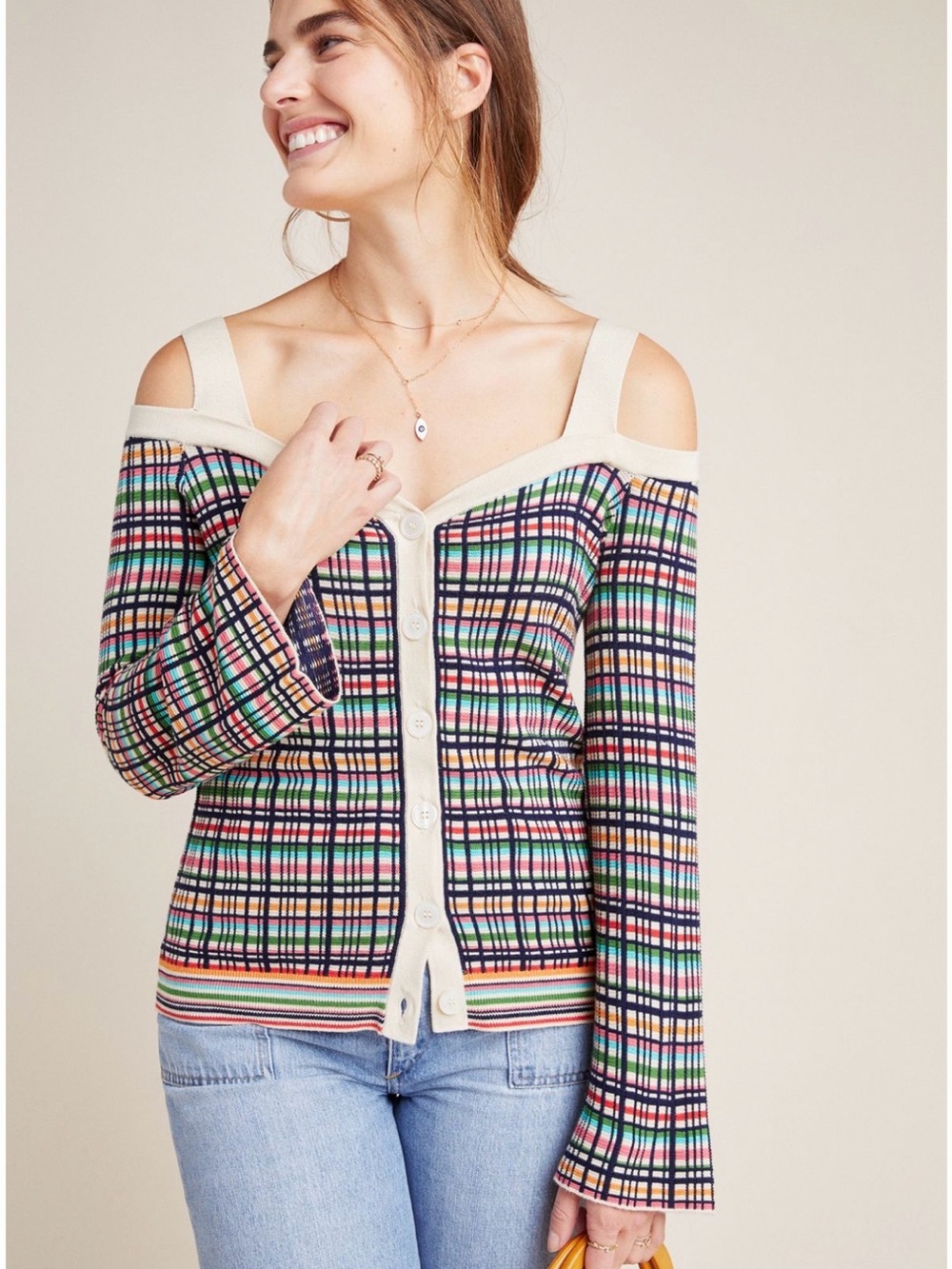 Anthropologie Krissy Plaid Cold Shoulder Cardigan Multicolor XS NWT